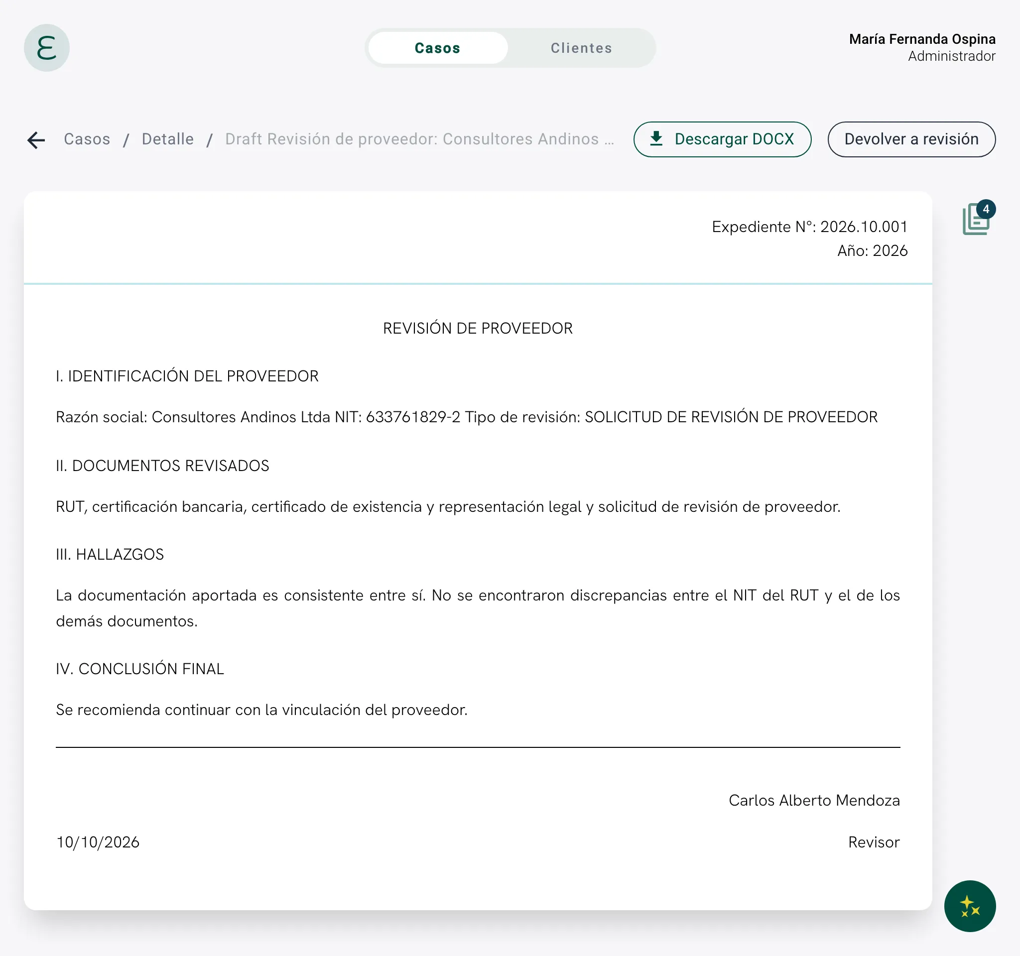 La vista del borrador en Escribano: una revisión de proveedor con sus secciones, el botón para descargarla en Word y el de devolverla a revisión